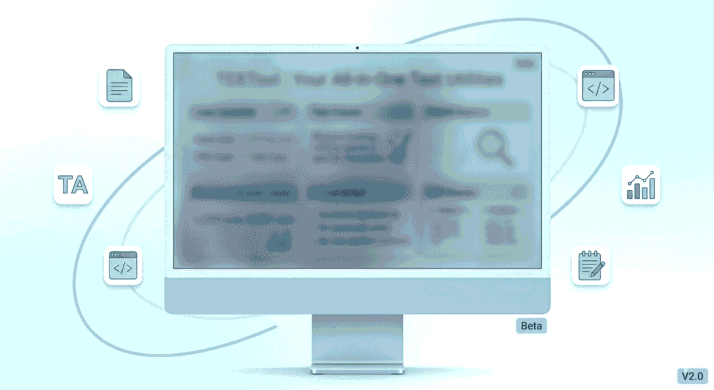 A modern desktop monitor showcasing a blurred user interface of text utility tools, featuring a clean light blue aesthetic with floating document and data icons.